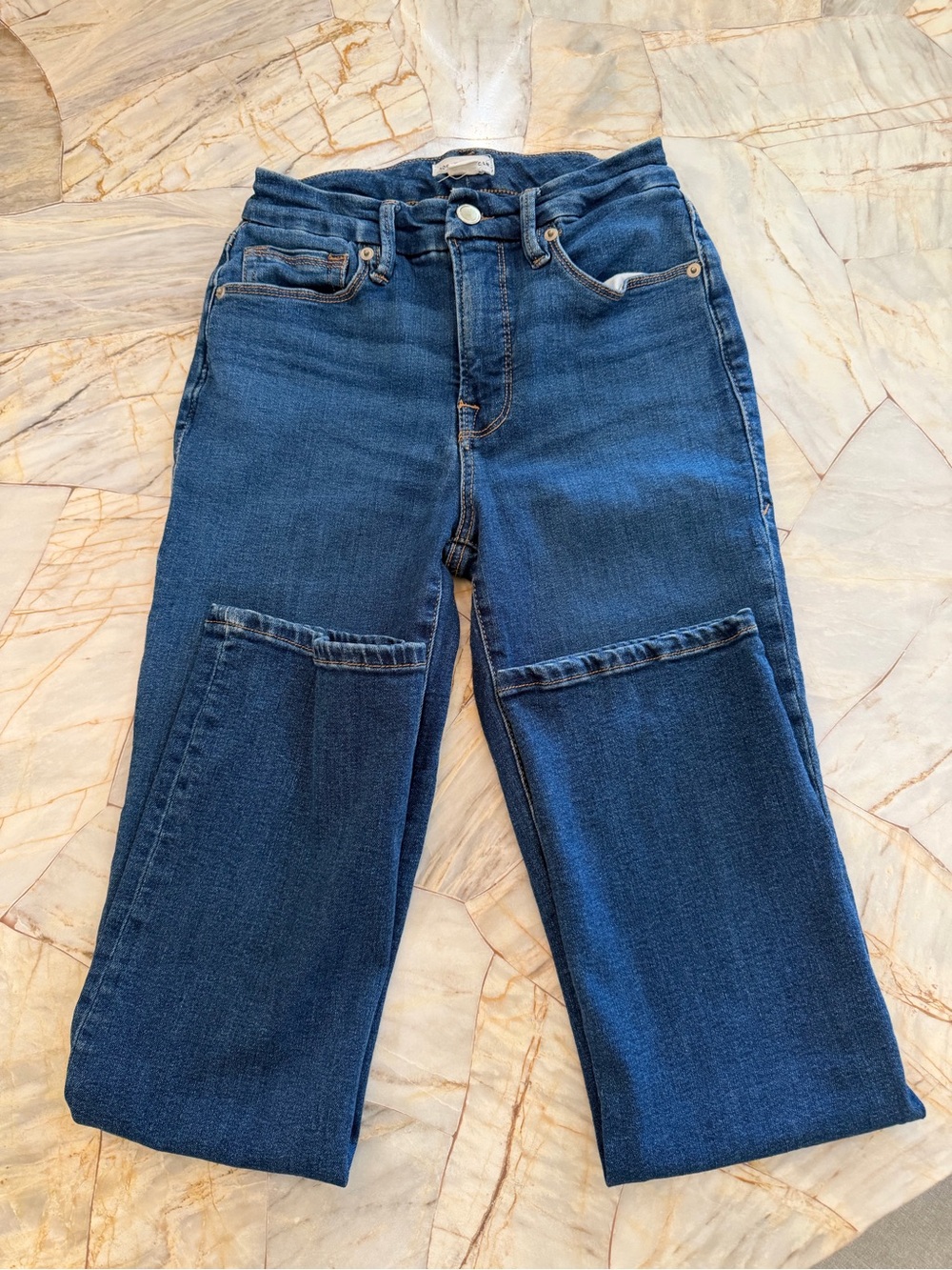 Good American Dark Blue Straight Leg High Waisted Jeans